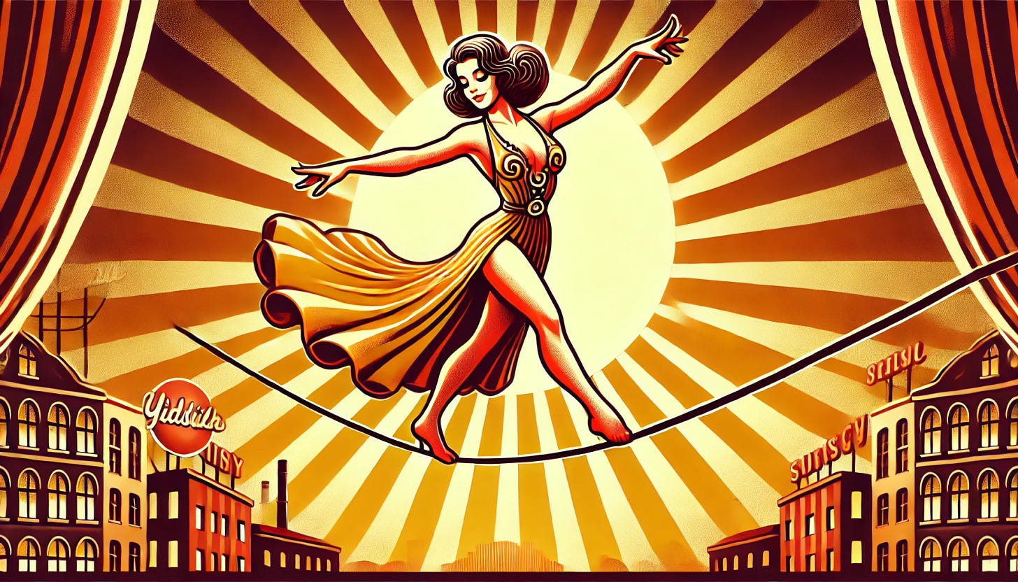 A vibrant, retro-style illustration of a graceful and sexy woman walking on a tightrope in mid-air. She is bathed in a golden spotlight, wearing a flowing, elegant dress with a touch of glamour, reminiscent of a Yiddish or Catskills showgirl. Her posture is confident and dynamic, with a playful, alluring expression as she balances. In the background, a stylized cityscape is present with the sun or moon behind her, creating a glowing halo effect. The scene has a lively, humorous tone with bold, warm colors evoking nostalgia and charm.