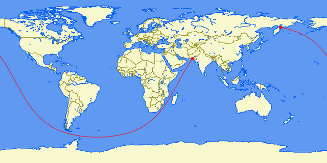 r/MapPorn - The longest straight line: you can sail almost 20,000 miles in a straight line from Pakistan to the Kamchatka Peninsula, Russia.  [720x360]