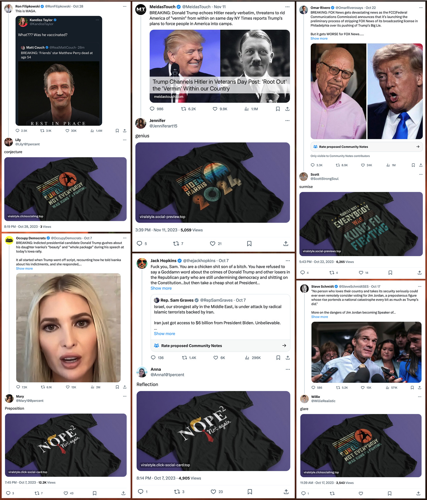 collage of screenshots of T-shirt advertising from the spam accounts