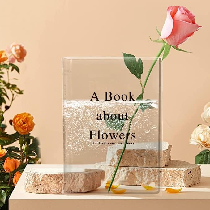Clear Book Vase Acrylic Transparent Book Flower Vase Desktop Vase Flowers Aesthetic Room Decor Artistic Decorative Vase Floral Decorations Home(Clearblack, No Flower)