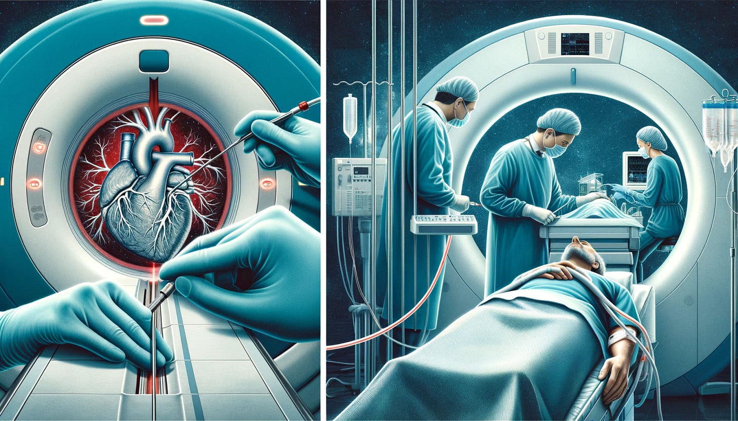 A detailed image showing both cardiac magnetic resonance (CMR) and cardiac catheterism procedures. On one side, depict a patient undergoing CMR in a high-tech MRI machine with the scanner showing detailed images of the heart. On the other side, show a cardiac catheterization procedure with doctors in a sterile room, performing the procedure with a catheter inserted through the patient’s groin or arm, using fluoroscopy to guide the catheter to the heart. The background should have a hospital setting with medical equipment and professionals focused on the procedures.