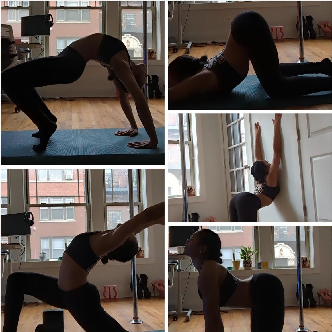 A handful pf photos of Nathalie attempting other flexibility poses in her living room, including puppydog pose, moose pose, and cow pose to show a deep curvature of her back