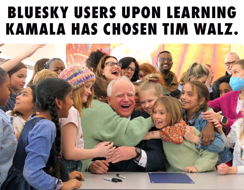 Tim Walz celebrating free school lunches with kids under a headline that says, "BlueSky users upon learning Kamala has chosen Tim Walz"