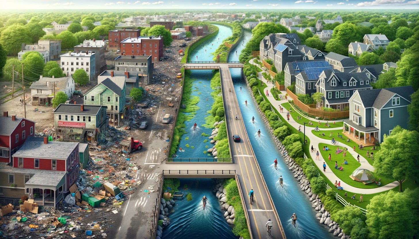 A New England scene showing two towns separated by a river, connected by a bridge. On the left, a town that is poor and dirty, with visible refuse in the streets, rundown buildings, and a lack of greenery, evoking a sense of neglect. On the right, a modern eco-friendly town, featuring sustainable buildings with solar panels and green roofs, cyclists on dedicated bike lanes, families playing in parks, and an overall vibrant, clean, and green environment. The river in between highlights the stark contrast between the two towns.