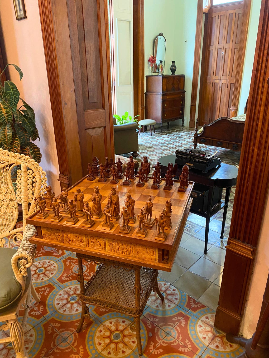 View of the study at La Quina Montes Molina, showing an elaborate chess set.