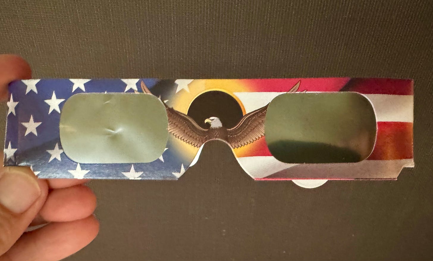 Eclipse glasses with American flag design, including bald eagle