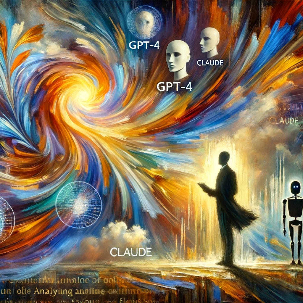 An abstract oil painting capturing the essence of preparing a high-stakes speech using AI. The painting features swirling brushstrokes and vibrant, contrasting colors. In the foreground, a figure represents the speaker, illuminated with bright tones, holding a speech. Surrounding the figure are symbolic representations of AI (GPT-4 and Claude) depicted as dynamic, colorful patterns analyzing famous speeches. The background includes a dramatic sky, symbolizing the anticipation and importance of the event. The overall atmosphere is intense and hopeful, highlighting the blend of technology and human effort in achieving excellence.