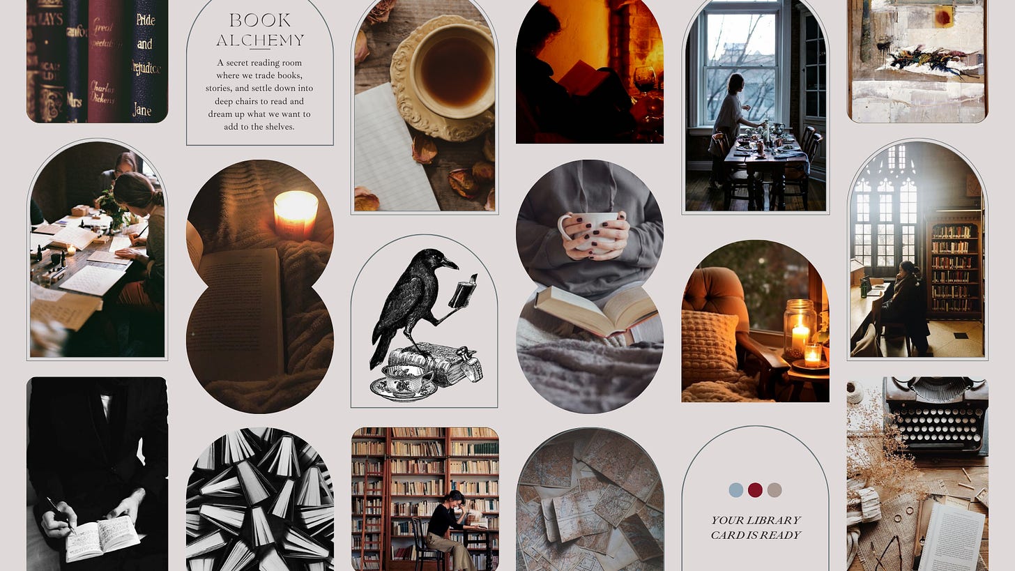 Collaged mood board of the Book Alchemy experience, including black and white photos of books and a woman writing in a journal, and color images of tea next to notebooks, leather bound volumes, a woman reading by a fire, typewriters, candles, and wide wooden desks everyone can share. Text says: Book Alchemy "A secret reading room where we trade books, stories, and settle down into deep chairs to read and dream up what we want to add to the shelves." in the other corner, text says "your library card is ready"