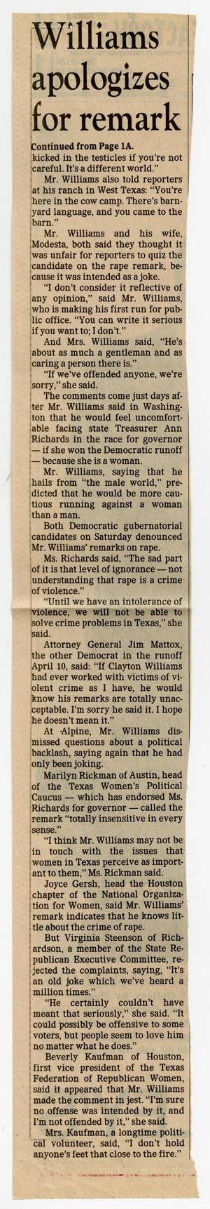 Thumbnail image of item number 3 in: '[Newspaper clippings: Williams joke likens bad weather to rape]'.