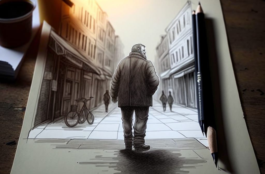 A man walks down a city street