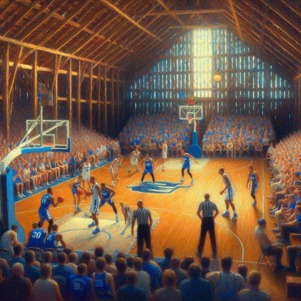 Creighton and Marquette playing a basketball game inside of a barn, impressionism