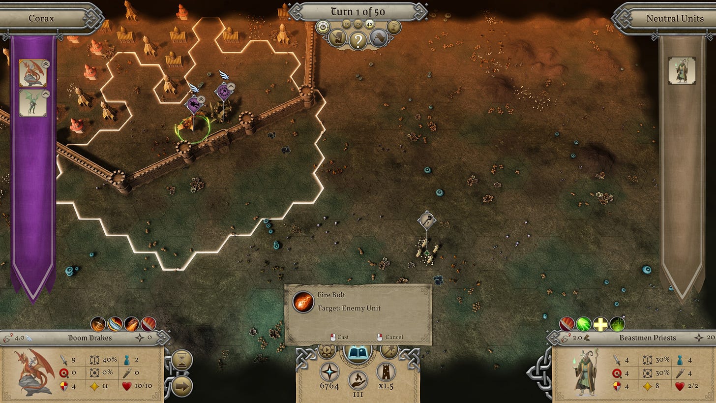 A screenshot of Master of Magic remake showing a battle map in a city controlled by the player, defended by Doom Drakes, being attacked by a single unit of Beastmen Priests.