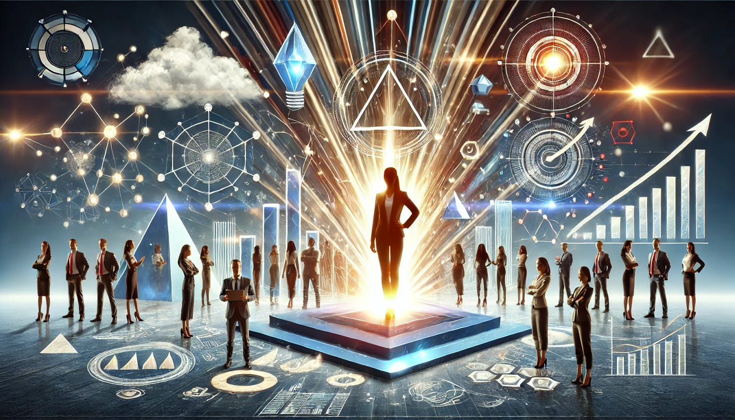 A conceptual illustration representing the themes of leadership, collaboration, and personal growth in a professional environment. The image features a person standing confidently at the center of a futuristic workspace, surrounded by abstract representations of tools like charts, pyramids, and brainstorming clouds. The atmosphere is dynamic and inspiring, with light beams symbolizing innovation and connection. Diverse team members are visible in the background, symbolizing inclusivity and teamwork, all focused on building a visionary project. The overall color scheme is vibrant yet professional, with blues, golds, and whites.