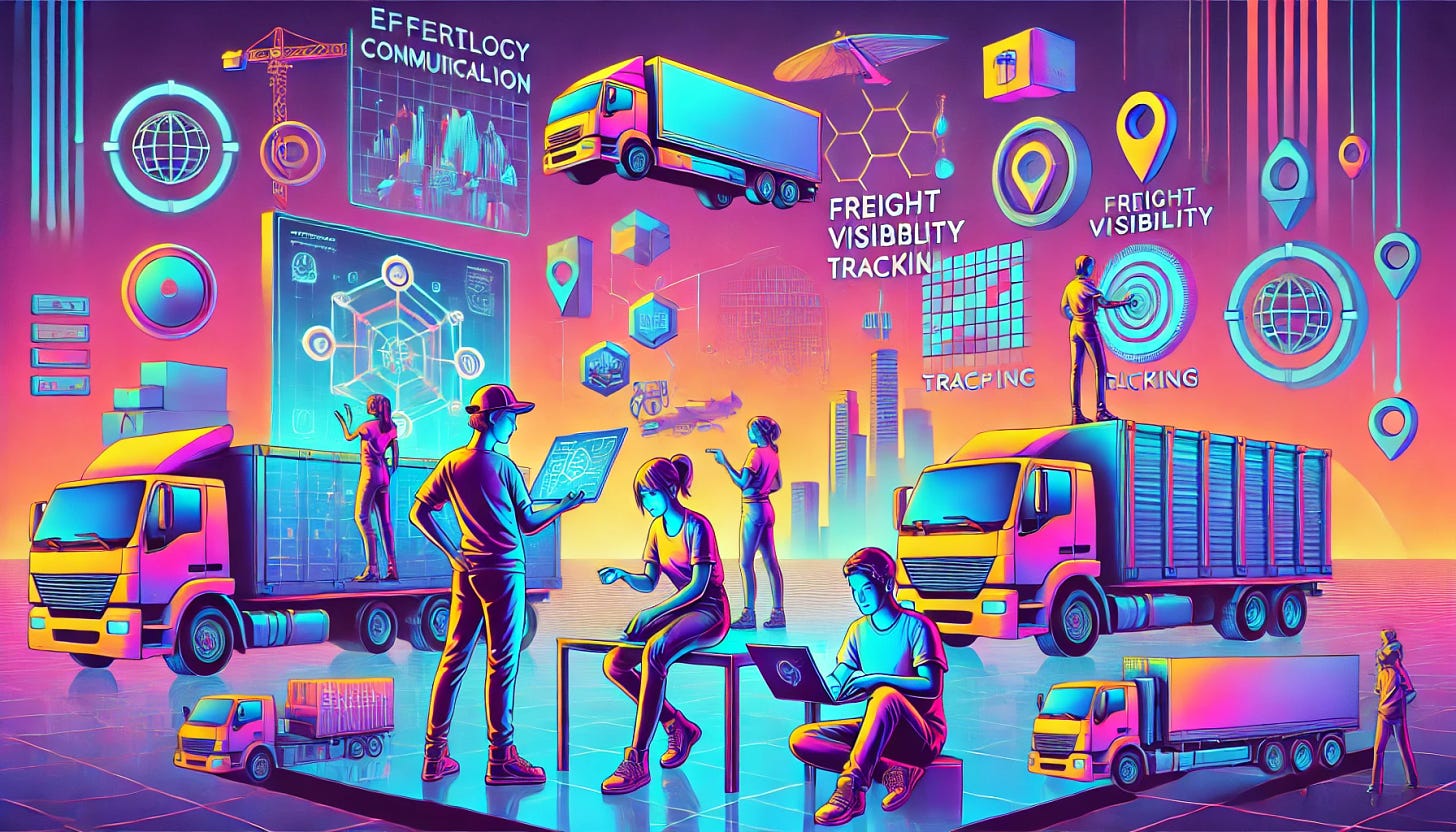 Futuristic art in vaporwave style featuring young people working on a product where technology meets logistics. The scene is vibrant with neon colors and geometric shapes. The young team is interacting with high-tech devices, holographic screens, and advanced logistics equipment. The background shows a seamless integration of technology and logistics with icons representing effortless communication, freight visibility, and driver location tracking. The atmosphere exudes innovation and productivity, without any text in the image.