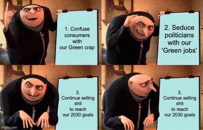 Gru's Plan Meme | 1. Confuse consumers with our Green crap; 2. Seduce politicians with our 'Green jobs'; 3. Continue selling shit to reach our 2030 goals; 3. Continue selling shit to reach our 2030 goals | image tagged in memes,gru's plan | made w/ Imgflip meme maker