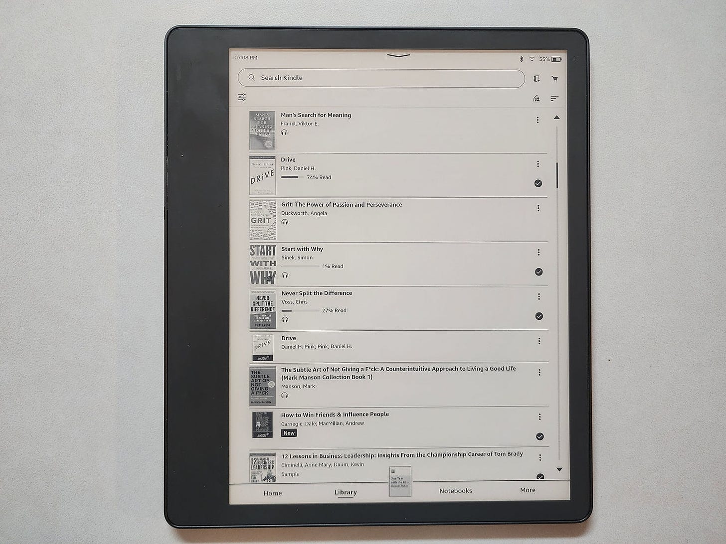 Kindle Scribe with Kindle Library showing.