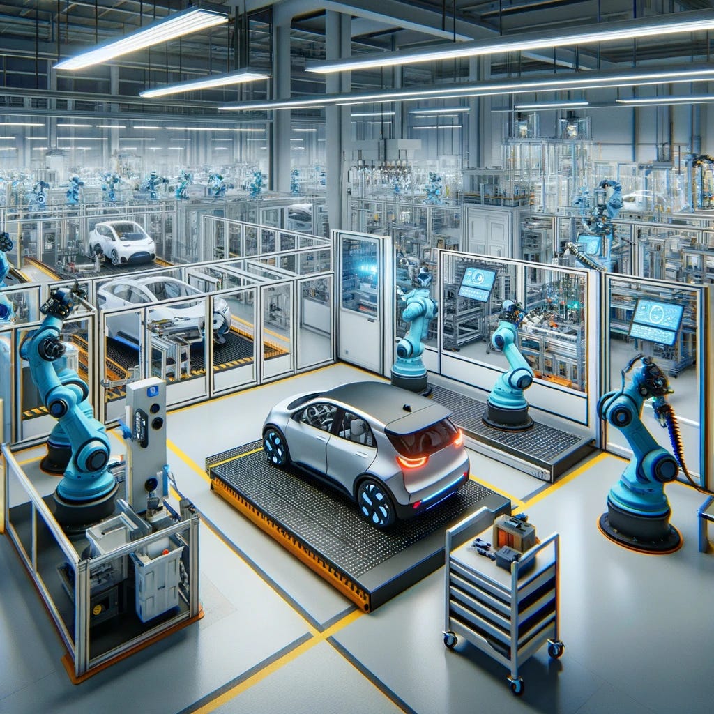 A realistic depiction of a modern microfactory for electric vehicles, highlighting the integration of robotic automation and human workforce. The scene shows a compact, well-organized production area with modular cells, where robots equipped with precision tools work alongside human operators on the assembly of electric vehicles. The environment is filled with practical elements such as conveyor belts, parts bins, and digital monitoring screens, reflecting an efficient and sustainable manufacturing process. Emphasis is on the realistic implementation of technology in a space-optimized factory setting, demonstrating the practical aspects of microfactory operations in today's automotive industry.