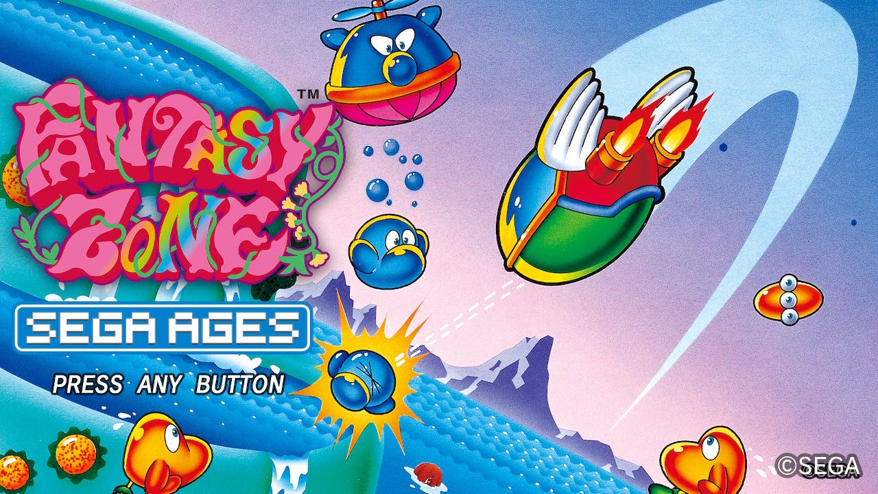 A screenshot of the title screen for the Nintendo Switch Sega Ages release of Fantasy Zone. It features the protagonist ship, Opa-Opa, as well as a number of the game's colorful and cutesy enemies.
