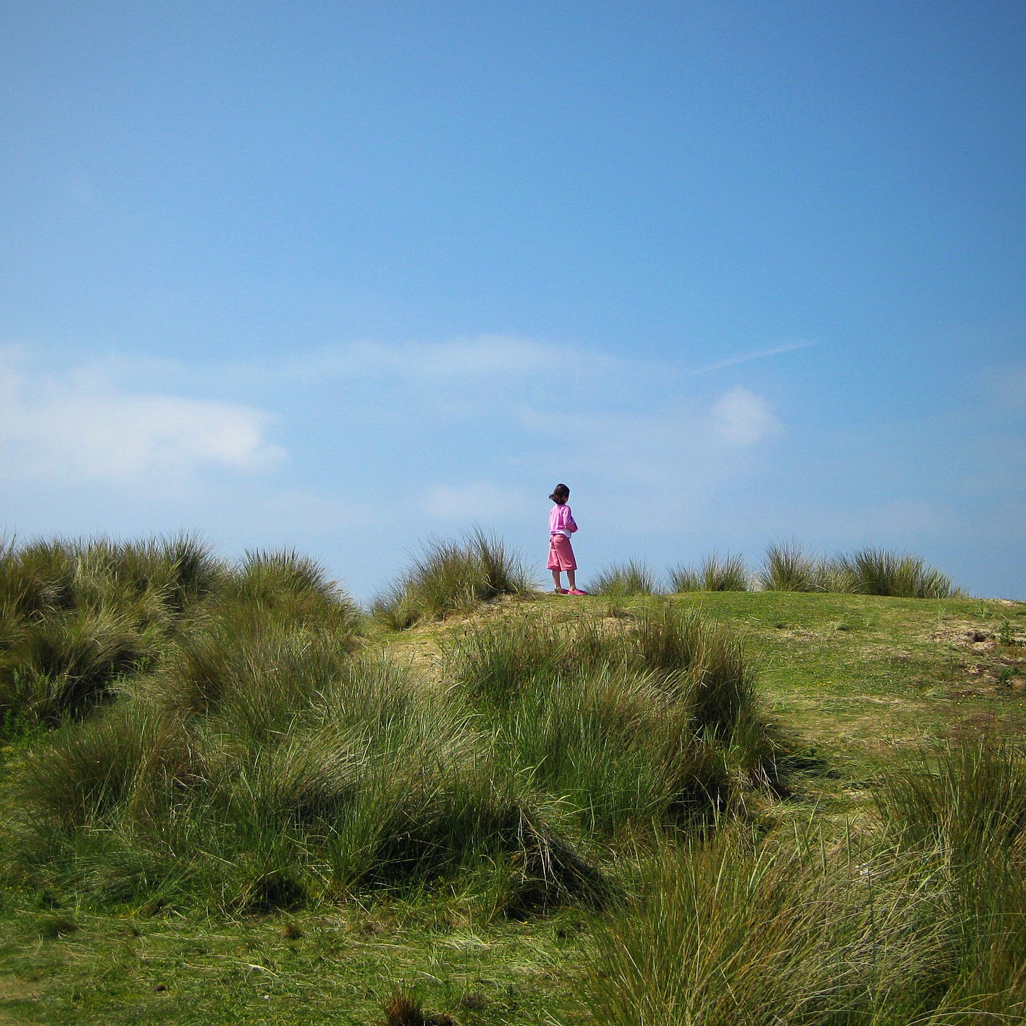 Girl with short dark hair and wearing a pink top, trousers and shoes standing at the top of a grassy dune looking into the distance