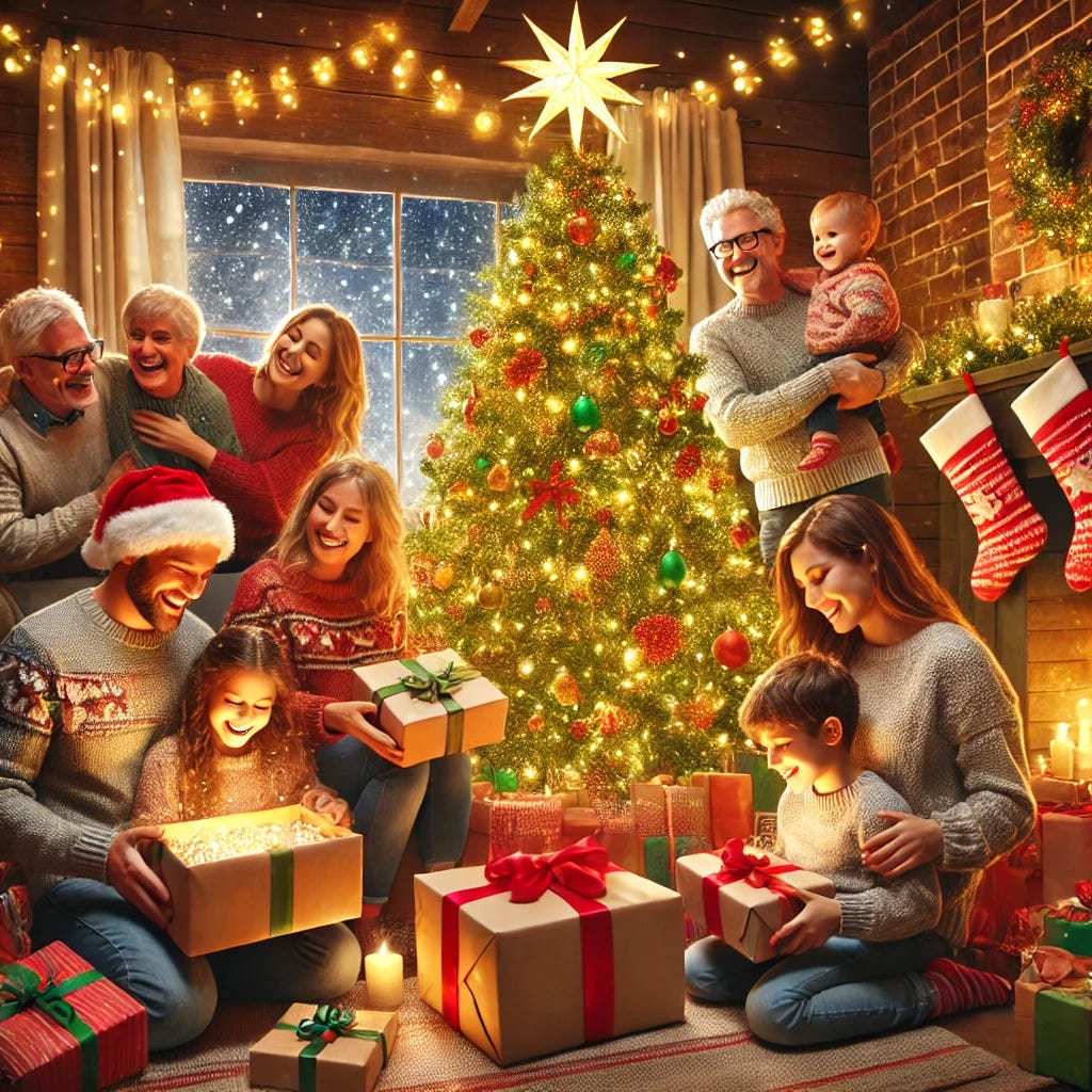 A warm and cozy scene of a family gathered around a brightly decorated Christmas tree, joyfully opening gifts. The tree is adorned with twinkling fairy lights, colorful ornaments, and a shining star on top. The family includes smiling parents, children excitedly unwrapping presents, and a grandparent watching with a content smile. The room has a festive atmosphere with stockings hanging by a fireplace and snow visible through a window, evoking a magical holiday mood.
