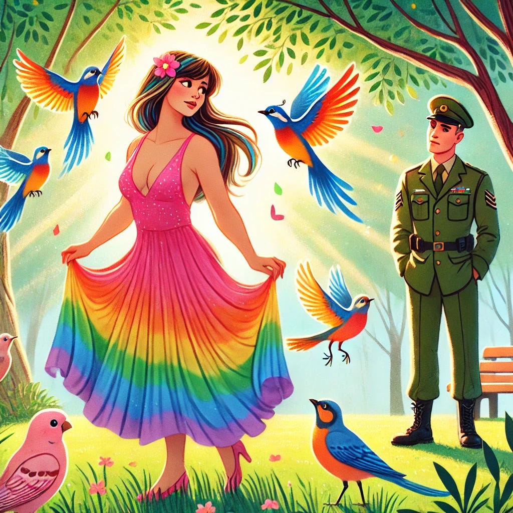 A vibrant, whimsical illustration featuring a woman standing in a serene park, surrounded by colorful gay birds, their feathers in various shades of the rainbow. Nearby, an army guy, in uniform, stands observing the scene, looking both confused and intrigued. The setting is bright and cheerful, with sunlight filtering through trees, and the overall mood is lighthearted and playful. The woman has a relaxed, confident posture, while the birds chirp around her, and the army guy looks on with a slight smile.