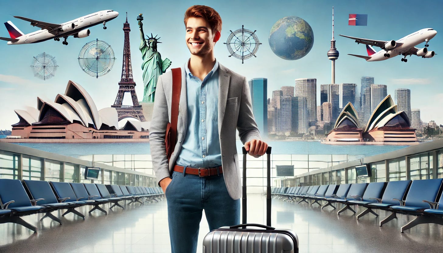 A young professional standing at an airport with a suitcase, looking excited and ready for a new adventure. The background shows various international landmarks like the Eiffel Tower, Sydney Opera House, and Statue of Liberty, symbolizing different continents. The scene conveys a sense of excitement, travel, and new beginnings, with the young professional embodying a confident, open, and optimistic attitude towards moving to a new country.