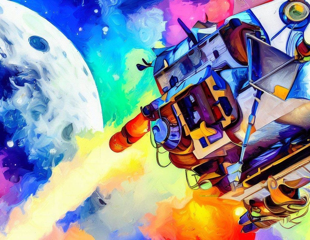 Colorful painting of lunar module returning from moon apollo 13