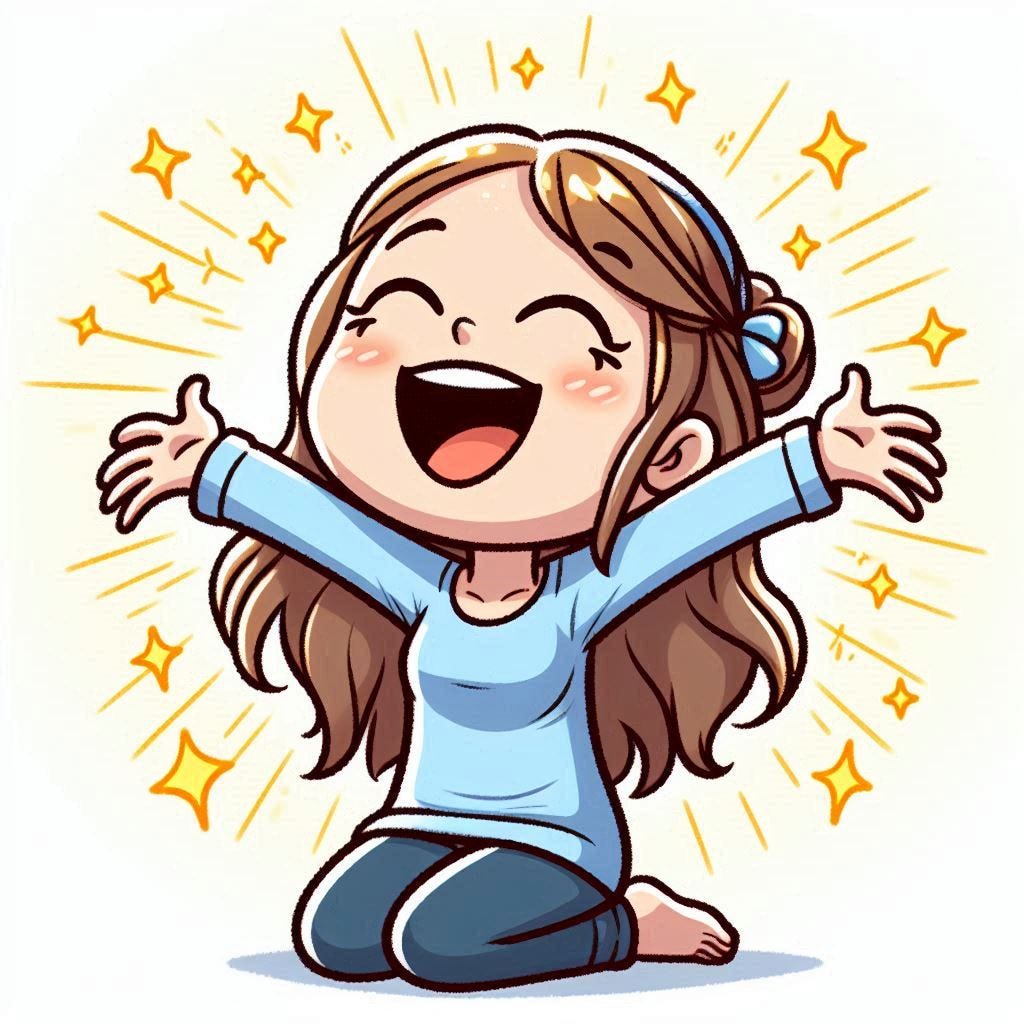 a cartoon of someone experiencing a moment of pure unadulterated joy, hands thrown in the air, a grin on their face