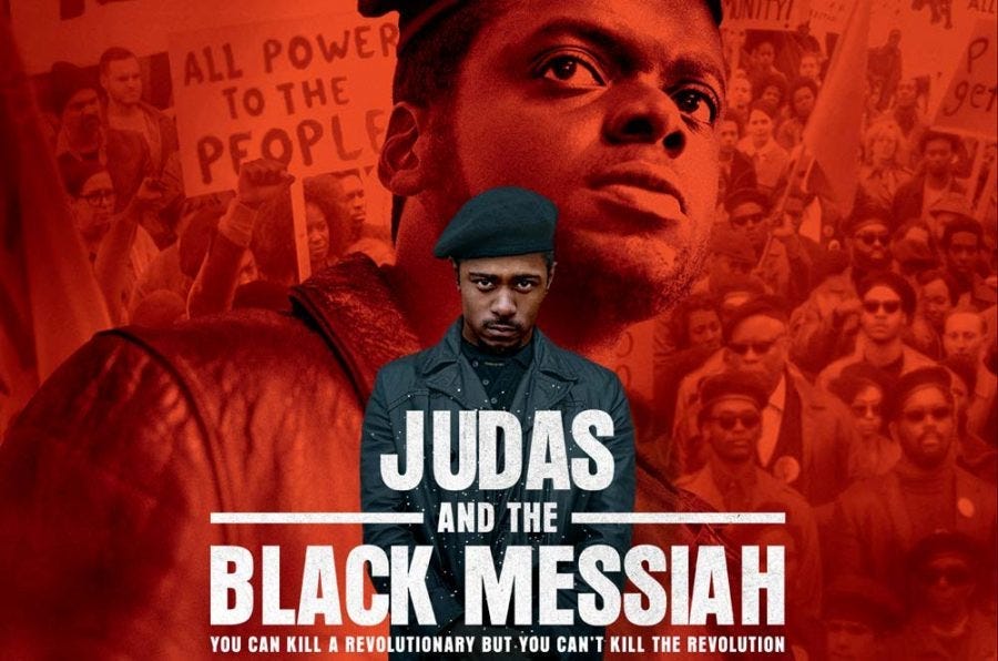 Movie poster for “Judas and the Black Messiah” featuring Lakeith Stanfield shown in the foreground and Daniel Kaluuya in the background in a red color wash.