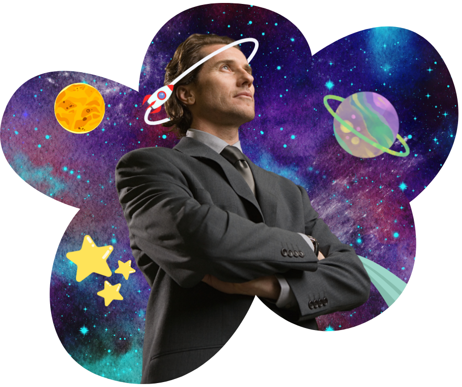 Confident businessman looking up surrounded by cartoon space images including a rocket orbiting his head