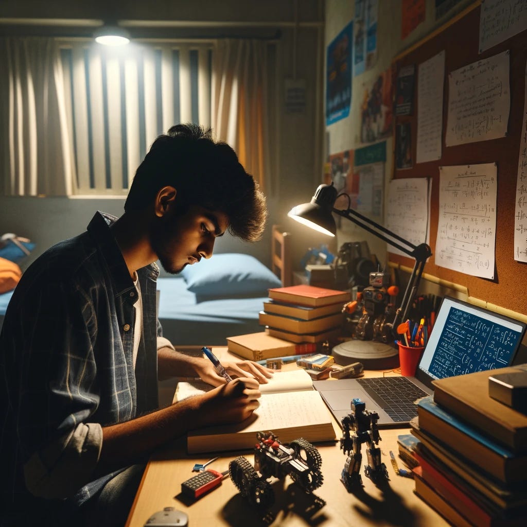 An Indian boy in his university dorm room, working on math for robotics in the evening. The room is dimly lit with a small desk lamp. Books and robotics parts are scattered on the desk. A laptop is open with mathematical formulas on the screen. The boy, wearing casual clothes, is focused on a notebook, writing equations. The room has typical dormitory features like a bed, a small wardrobe, and posters on the wall. The atmosphere is studious and serene.