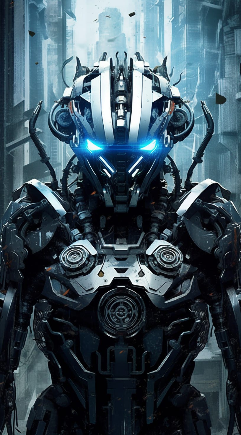a black robot is standing on the floor, in the style of precisionist art, white light gray and blue, friendly face, large lenses for eyes, blue light in the eyes, steel nose, cyberpunk manga, narrow rotor waist, ultra hd, Exposed circuit boards and gears, white blue and gray, emphasizes emotion over realism