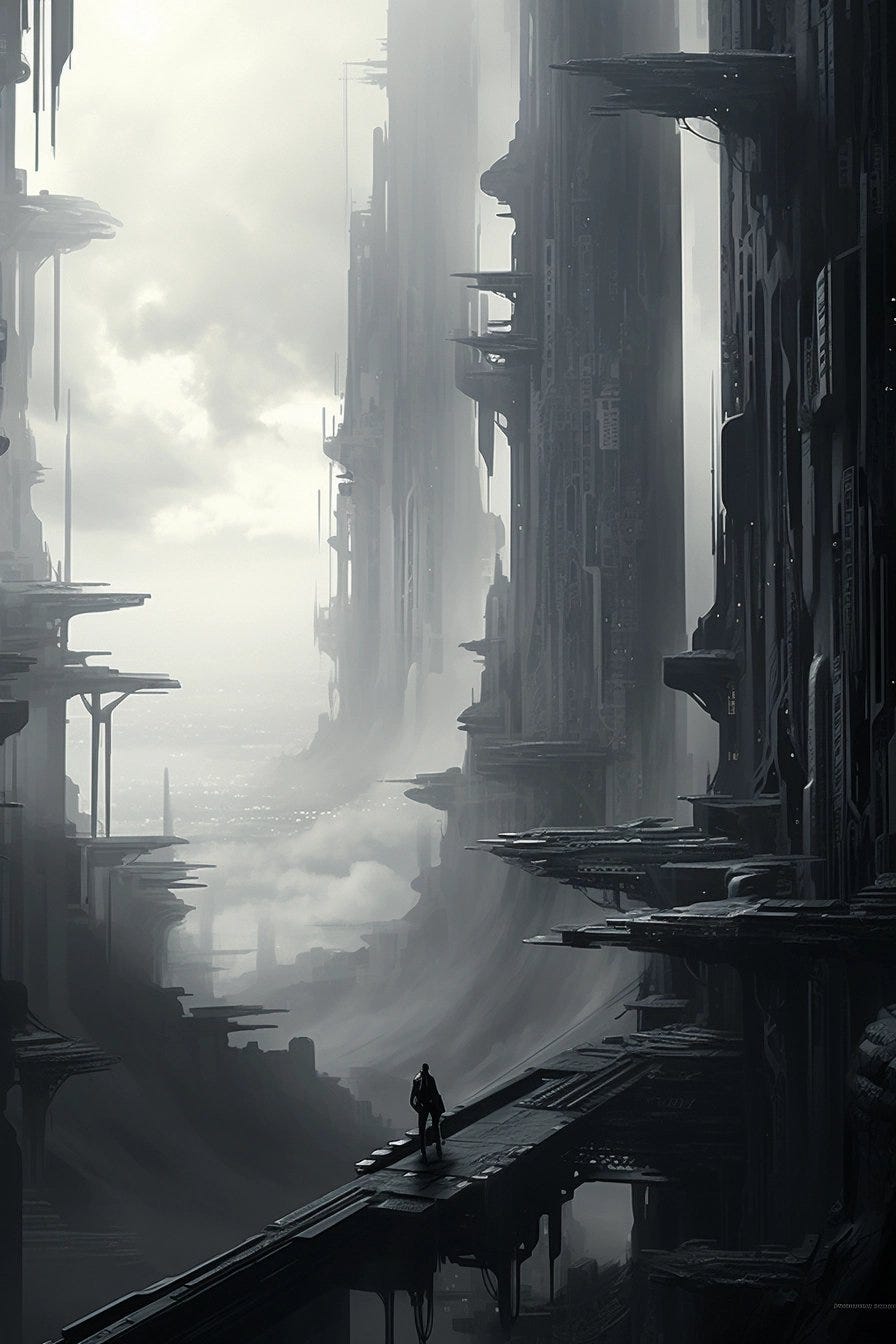 a futuristic city with long windswept towers, in the style of monochrome landscapes, soft mist, firecore, dusty piles, tenebrous, streamlined forms, dark white and black --ar 85:128 --v 5.2