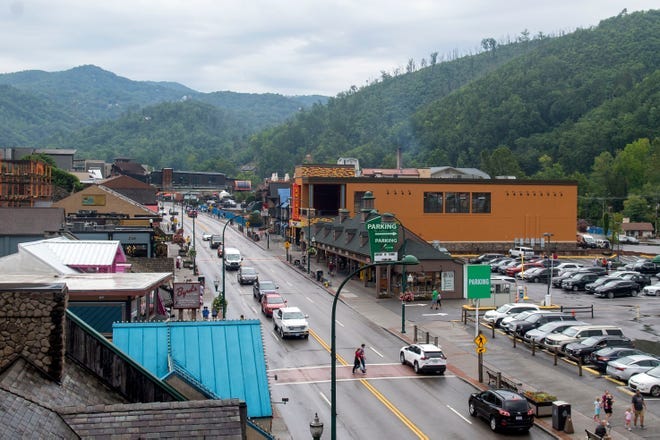 A view of the Gatlinburg strop from Jason Aldean's Kitchen + Rooftop Bar on Thursday, August 3, 2023 in Gatlinburg, Tenn.