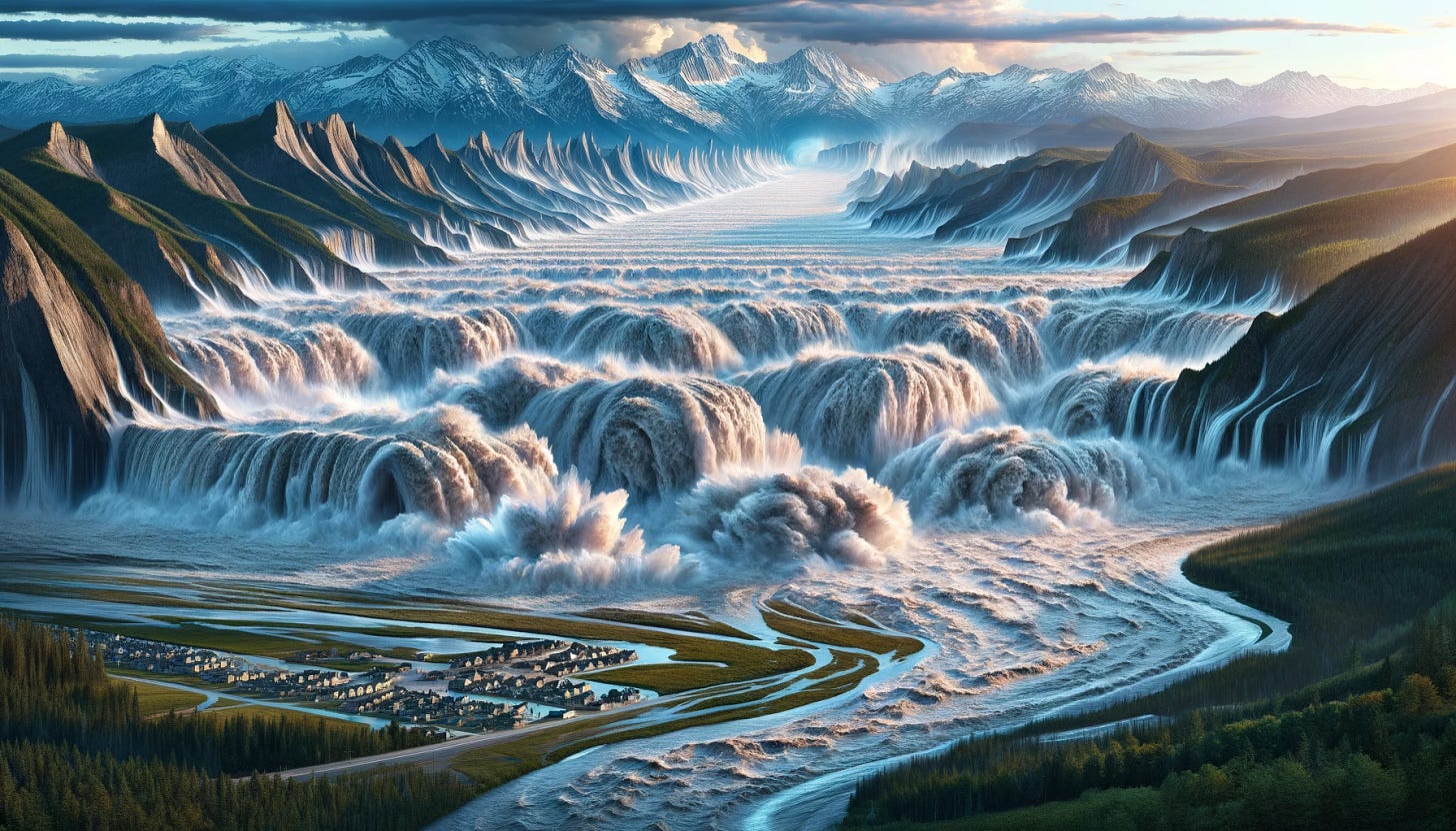 A panoramic view of the Missoula flood plain experiencing an extremely powerful and overwhelming flood, with water levels 100 times more intense than previously depicted. This scene showcases an unprecedented cataclysm, where the floodwaters possess an unimaginable force, covering the entire landscape and creating gigantic waves that dwarf the surrounding mountains. The water is depicted as an unstoppable force, with dynamic and powerful flow patterns, illustrating a scene of epic proportions where nature's fury reshapes the earth with water levels unseen in modern history.
