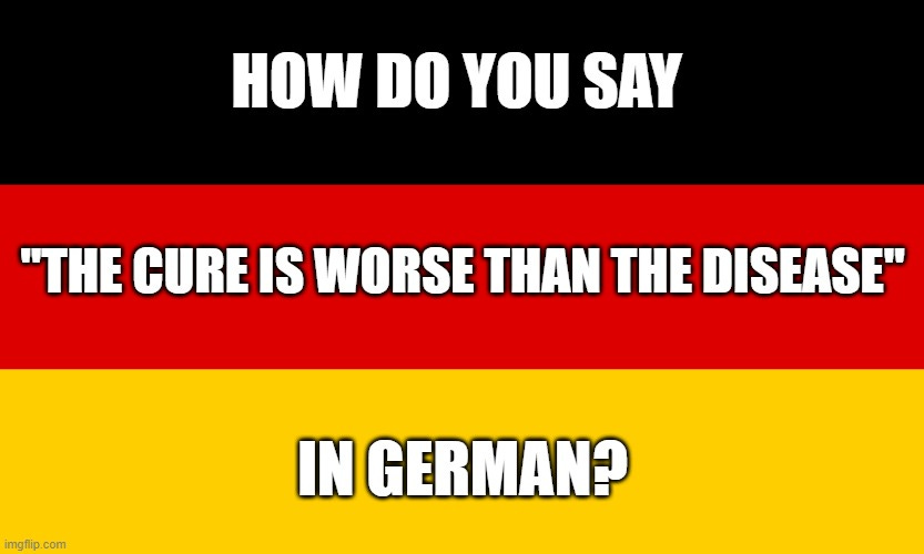 Germany | HOW DO YOU SAY; "THE CURE IS WORSE THAN THE DISEASE"; IN GERMAN? | image tagged in germany | made w/ Imgflip meme maker