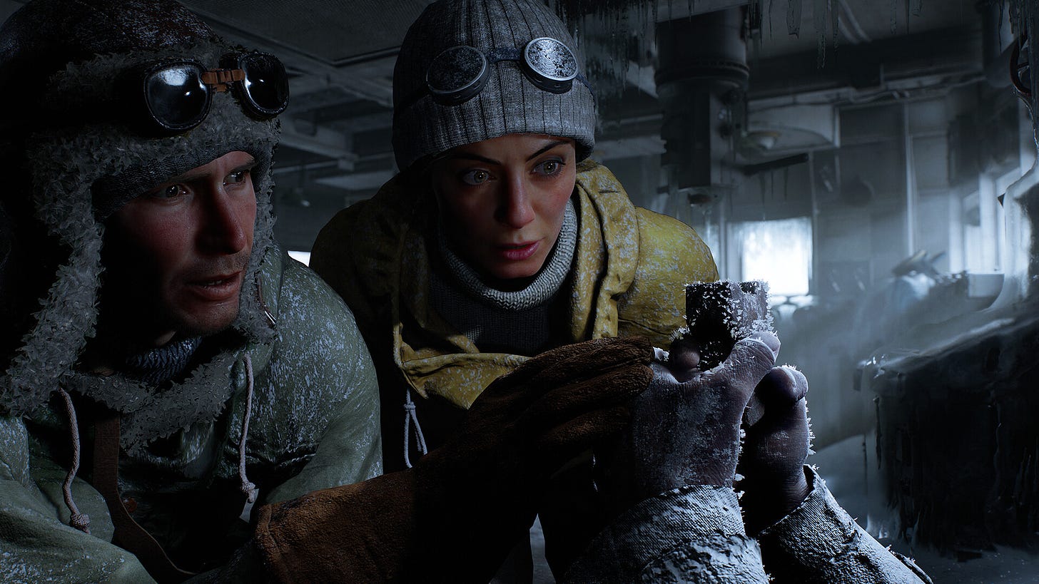 Video game screenshot of a man and woman in wool hats and winter coats looking at a rock. 