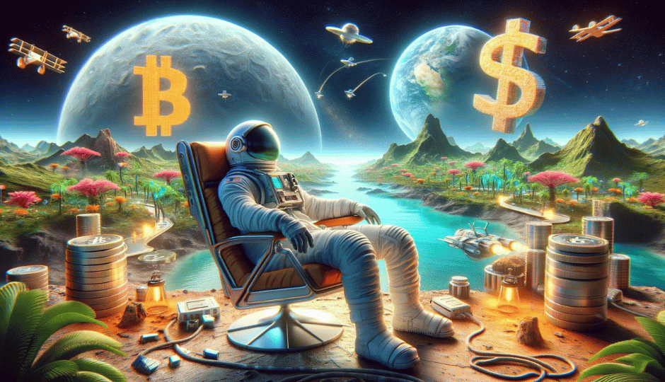 Astronaute détendu assis dans un fauteuil, contemplant une vue sur un paysage extraterrestre avec des symboles monétaires de Bitcoin et Dollar flottant dans le ciel, évoquant la fusion du futurisme spatial et de l'économie numérique.