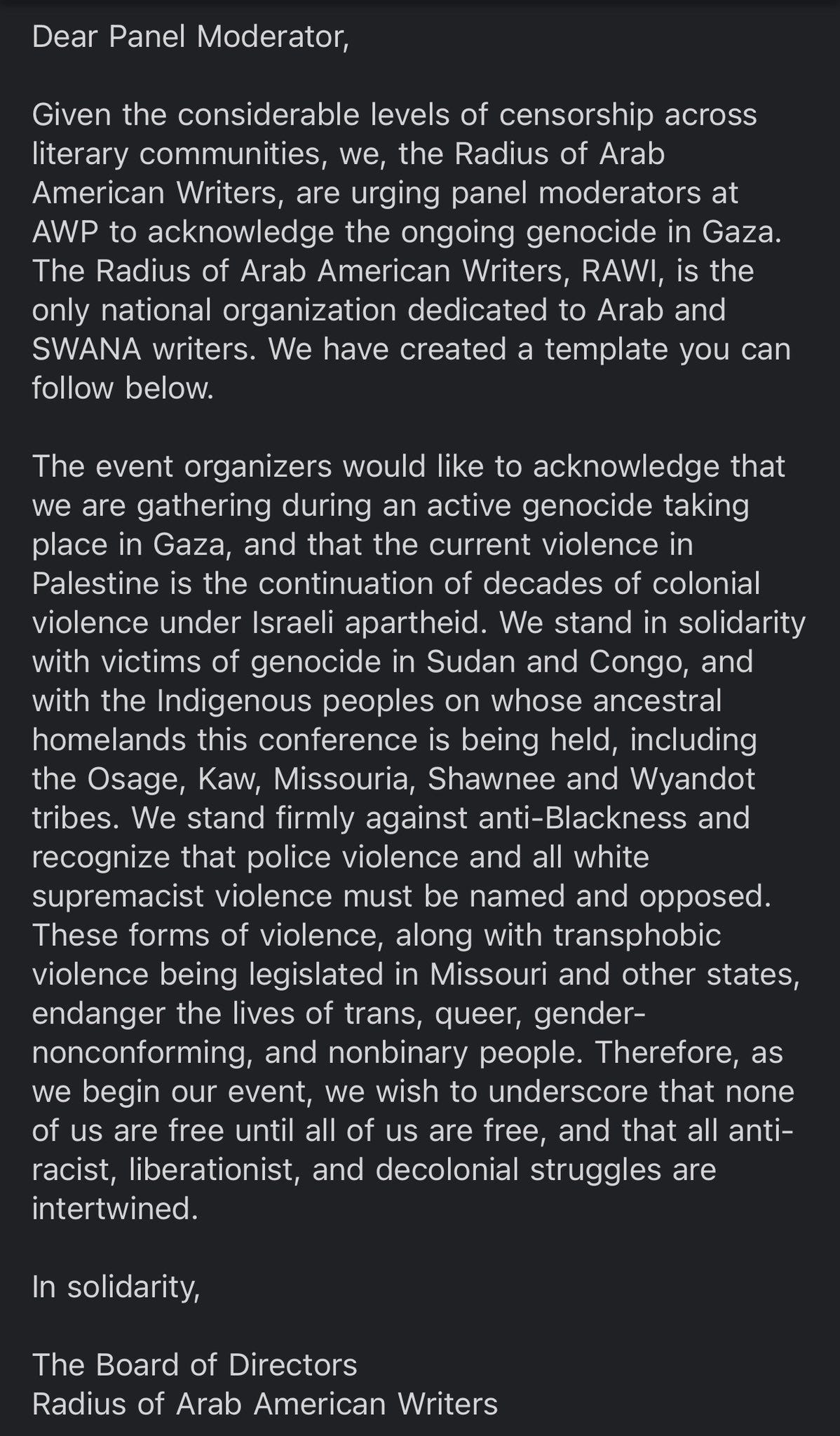 A letter encouraging panel moderators to read a statement calling the war in Gaza genocide, Israel an apartheid state, etc. The text is longer than alt text will allow me to put here, and I'm not finding a good source for the full text that doesn't take readers to a page I would not want to support. 