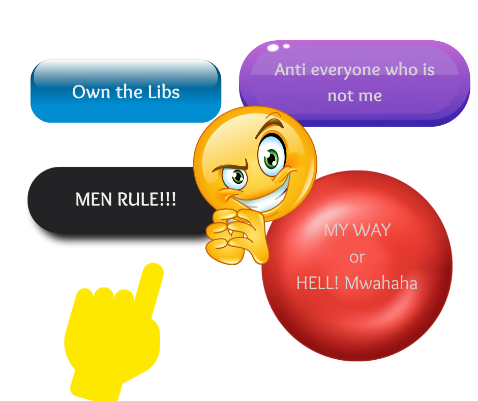 A variety of buttons to push, in different shapes, sizes , and colors. The buttons say: Own the Libs; Anti everyone who is not me; MEN RULE!!!; MY WAY or HELL! Mwahaha. Over them is an evil face plotting. There is also a finger deciding which button to push. 