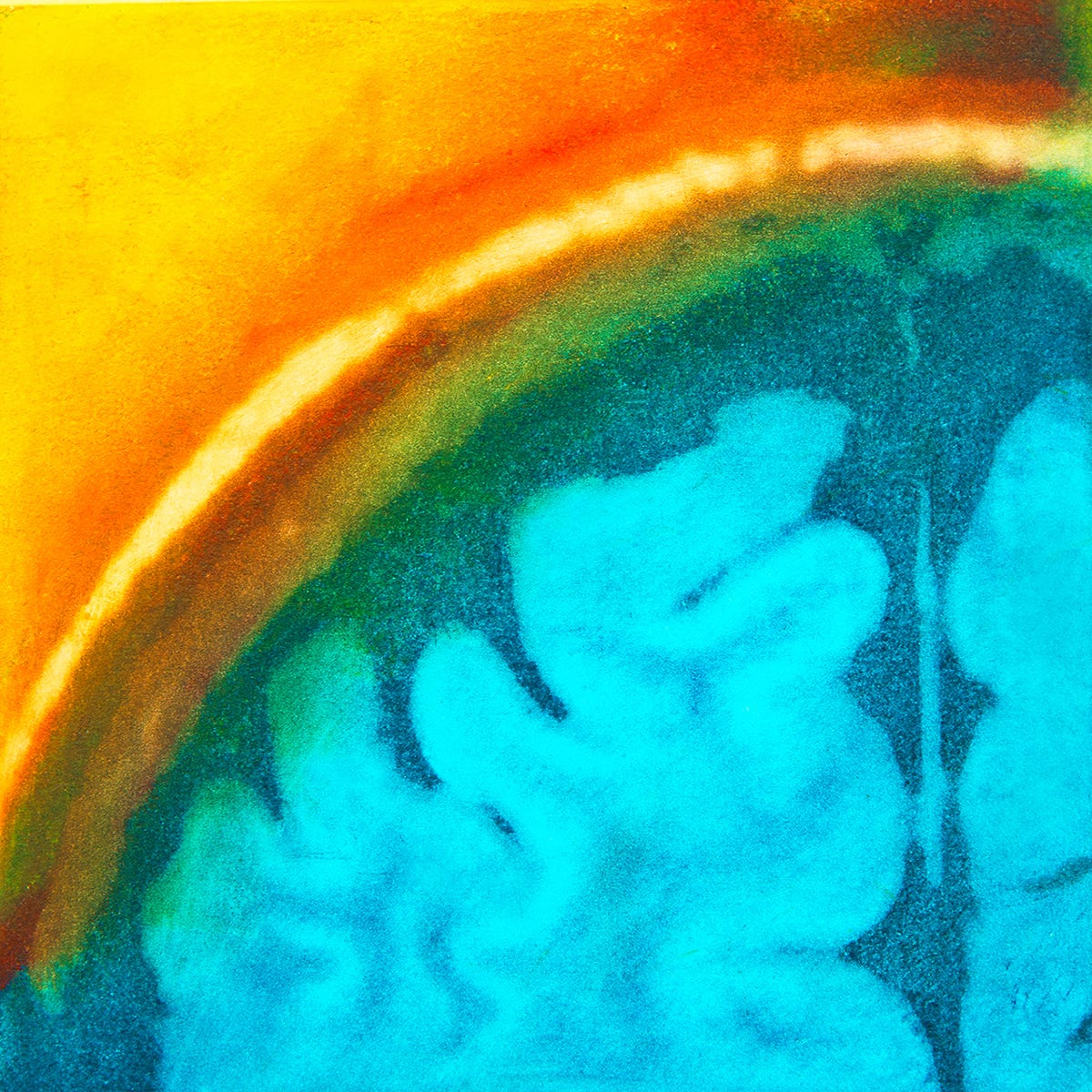 Fine art transformation of MRI scan in bright yellows, oranges, greens and blues