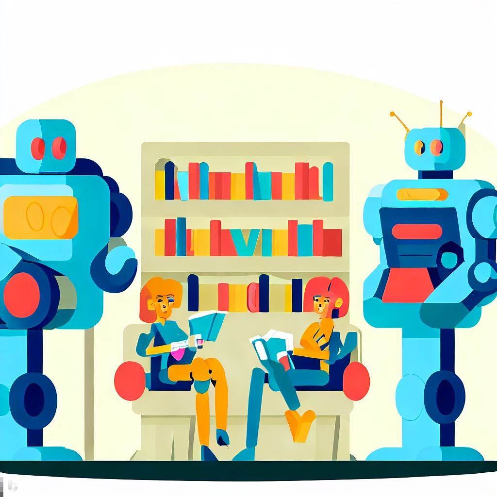 a book library with robots and humans reading together, cartoon type, illustration, digital art, flat colors, vector drawing