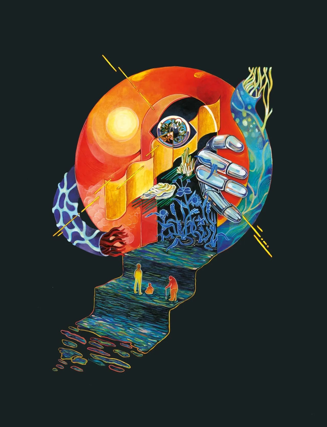 Artwork by illustrator Sinjin Li that is the cover of the book “The Good Robot”. The art shows three figures climbing a styled staircase towards fiery red and blue sphere on a black background.