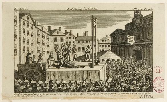 Execution à la guillotine de 9 émigrés, place de Grève, actuelle ...