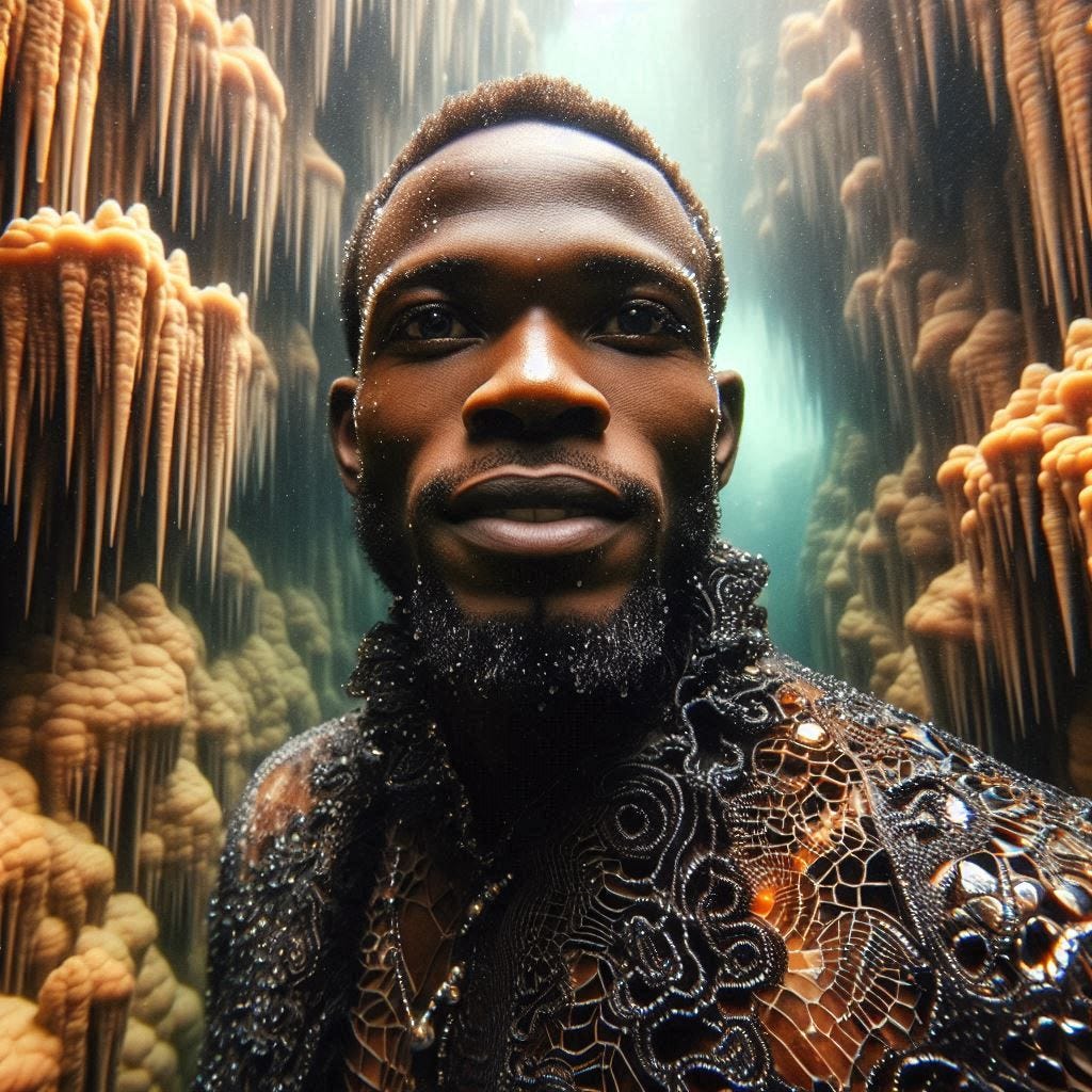 inside clear water ; tiltshift/ 5d angle glass embedded Carla caves / Broken into fragments/ pieces/ middle agead Congolese man in black leather  is leaning into the camera in front of Carla caves / in olive,ivory, chartrues, lace made of black water in resin/He is happy. coral orange, pink, cream, olive address/ reverberating waves. black hole/ water in resin verdigris/ In the style of Michael Parkes. black etching/ black linework/ black sky
