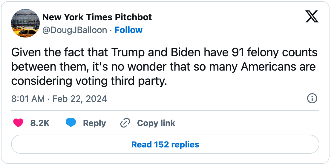 February 22, 2024 tweet from New York Times Pitchbot reading, "Given the fact that Trump and Biden have 91 felony counts between them, it's no wonder that so many Americans are considering voting third party."
