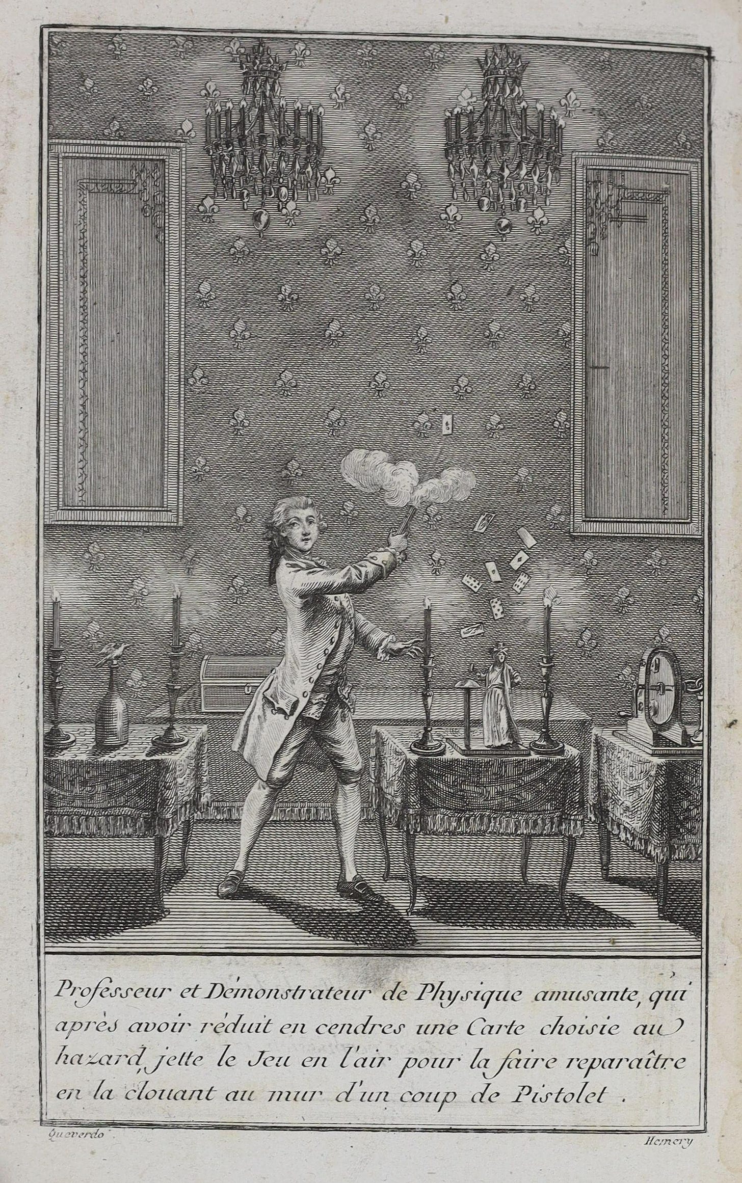 An engraving of a magician firing a pistol on an ornate stage set