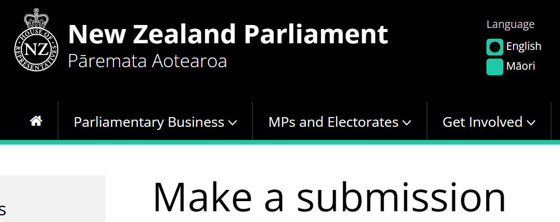 screen shot from new zealand parliaments website. text reads, make a submission