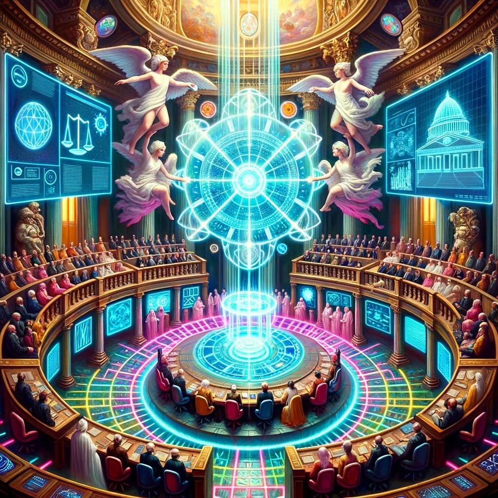 Oil painting in the Baroque style with cyberpunk-inspired colors. A grand council chamber where individuals of diverse descents and genders sit in a circular arrangement, symbolizing equality and collaboration. In the center, a luminous holographic compass represents shared ethics. Surrounding it are displays showing blueprints of artificial general intelligence and governance structures. Baroque cherubs hold scales and books, ensuring balance and wisdom, while neon pathways connect different sections, illustrating the alignment and continued progress of civilization.