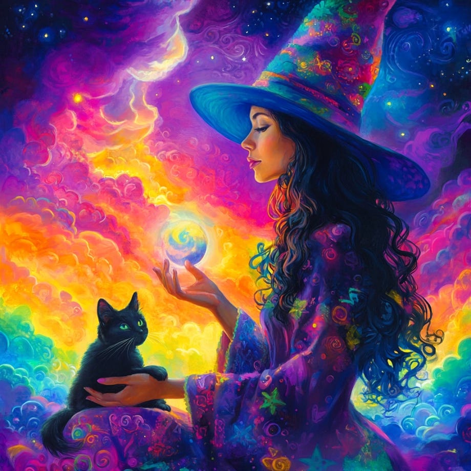 Mystical witch in a colorful robe holding a glowing orb with a black cat, against a psychedelic celestial background